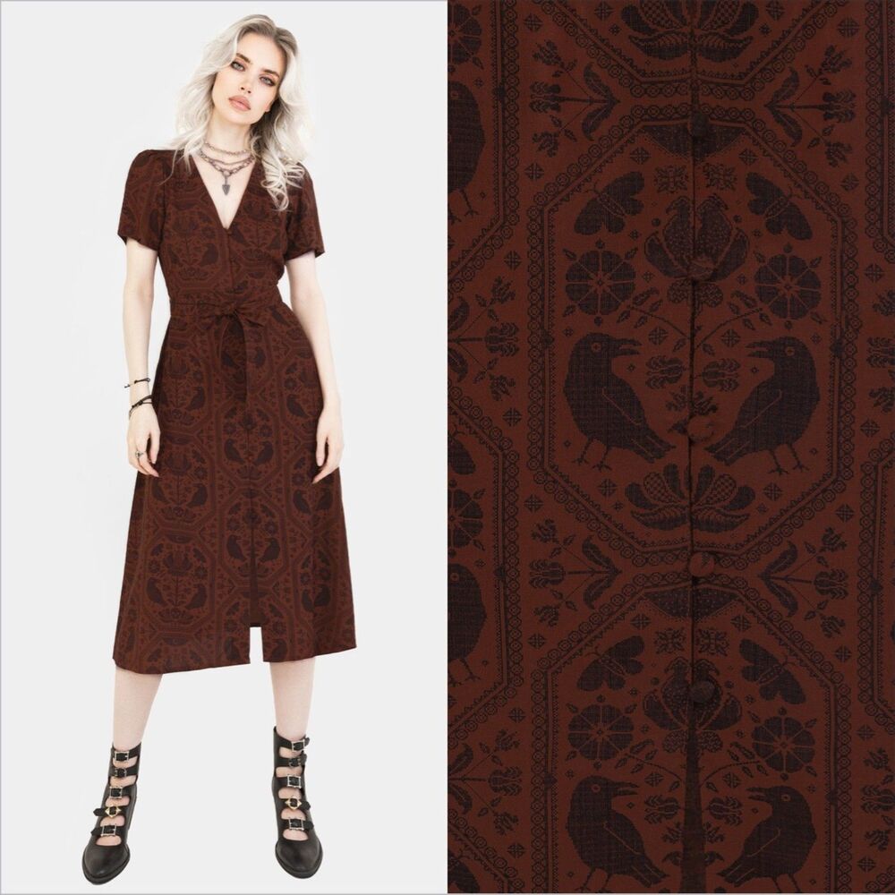 Disturbia Annabel Raven Print Button Up Midi Dress Size 2 Rust Raven Skull Moth